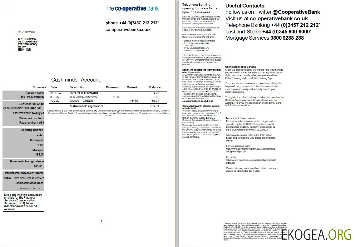 Royaume Uni Modèle Word et PDF de relevé de la Cooperative Bank, 2 pages